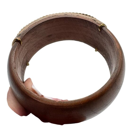 Vintage Wood Bangle Bracelet W/ Gold-Tone Crescent Moons & Red Rhinestones - Picture 4 of 5